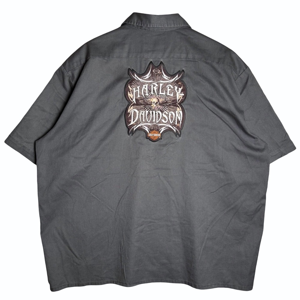 Dickies Harley-Davidson Work Shirt Mens 2XL Gray Short Sleeve Skull Patch Biker